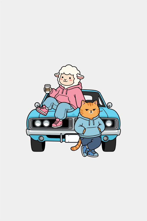 A sheep and cat sitting on a car