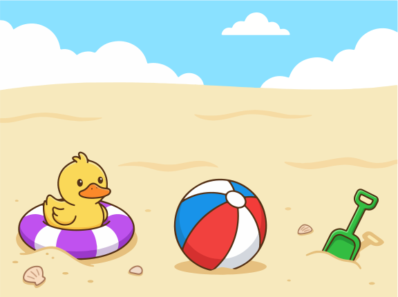 A rubber ducky with a beach ball and shovel.