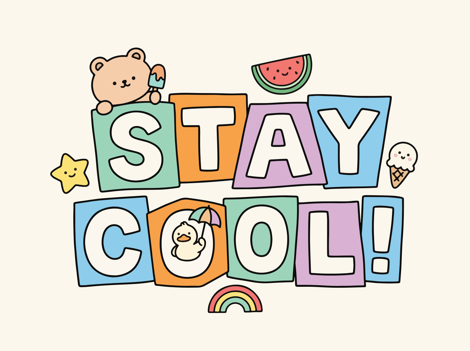 Cute cartoon teddy bear and duck with text stay cool