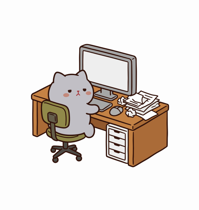 Eine mürrische Katze sitzt an einem Schreibtisch mit einem Computer.