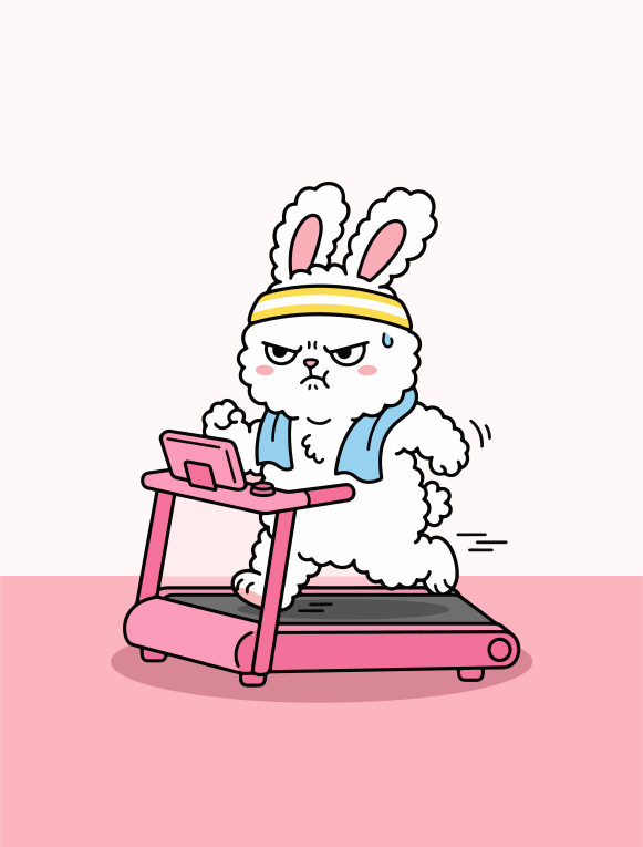 Grumpy bunny running on a pink treadmill