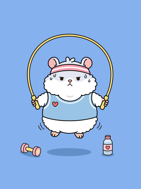 A fluffy hamster jumping rope with a grumpy expression.