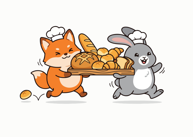A fox and rabbit carrying a tray of baked goods