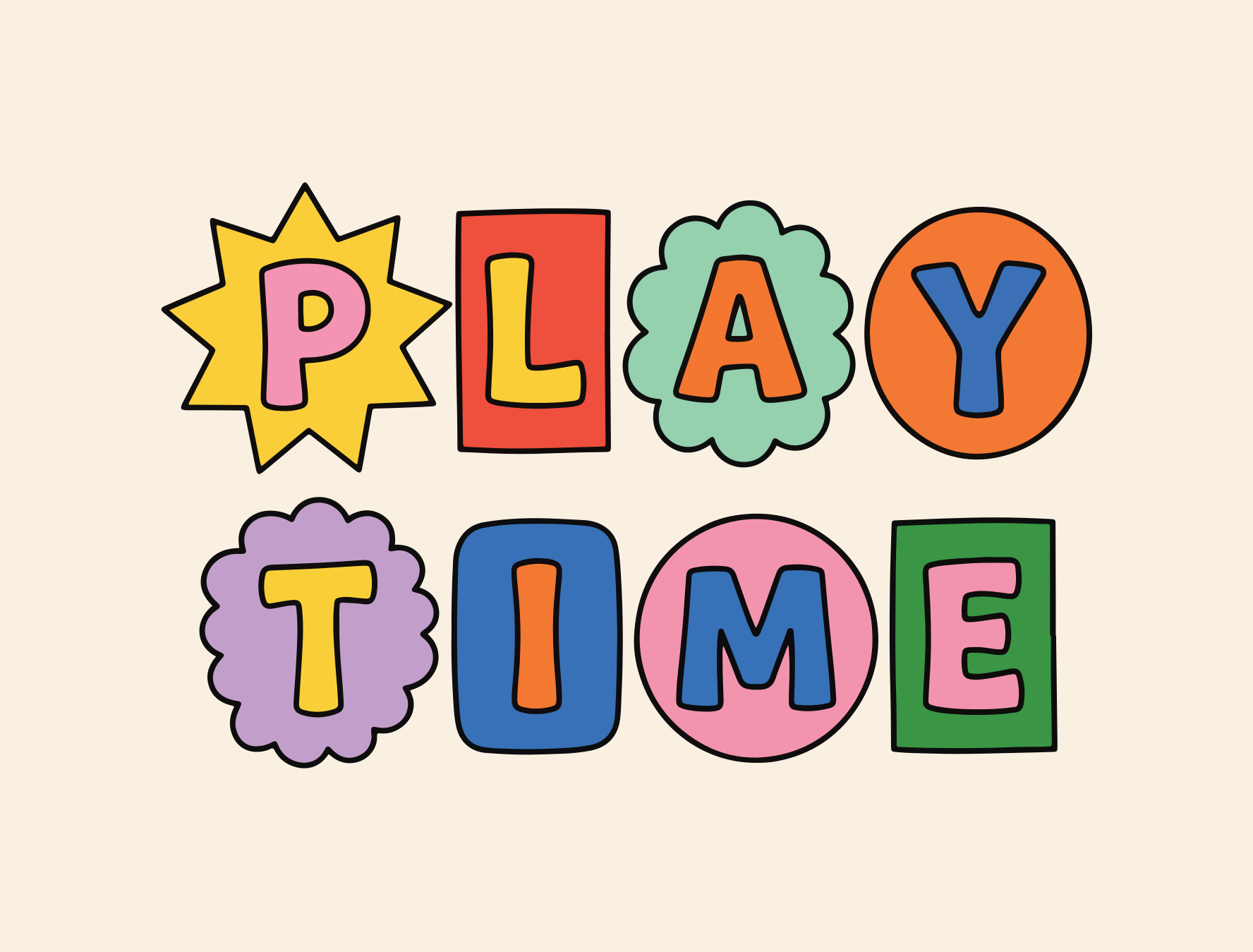 Colorful letters spell out "play time" on a cream background.