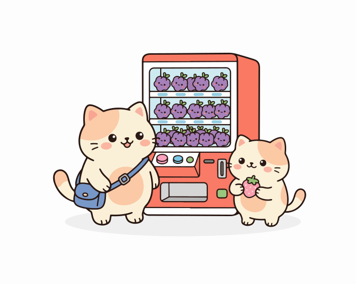 Two cats stand by a vending machine with purple items.