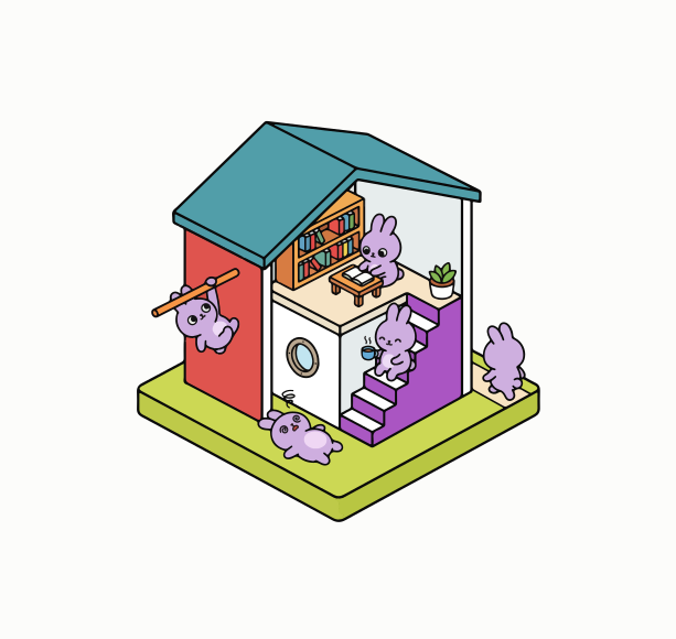 Des lapins mignons jouant dans une maison de poupée