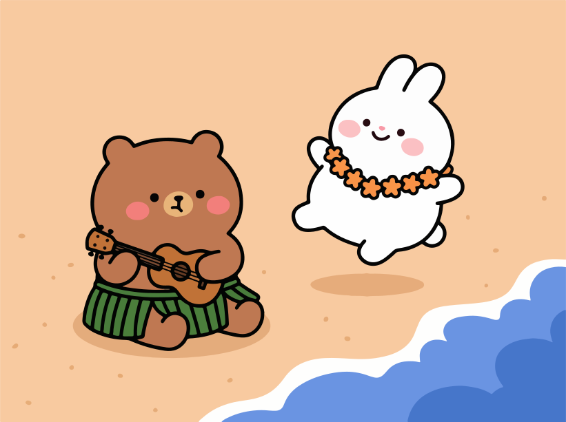 A bear plays ukulele, a rabbit dances on the beach