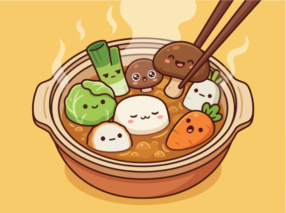 Cute vegetables and mushrooms in a steaming hot pot.