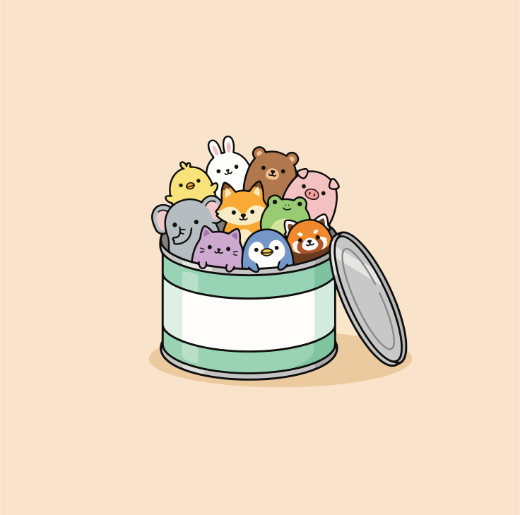 Cute cartoon animals spilling out of a can