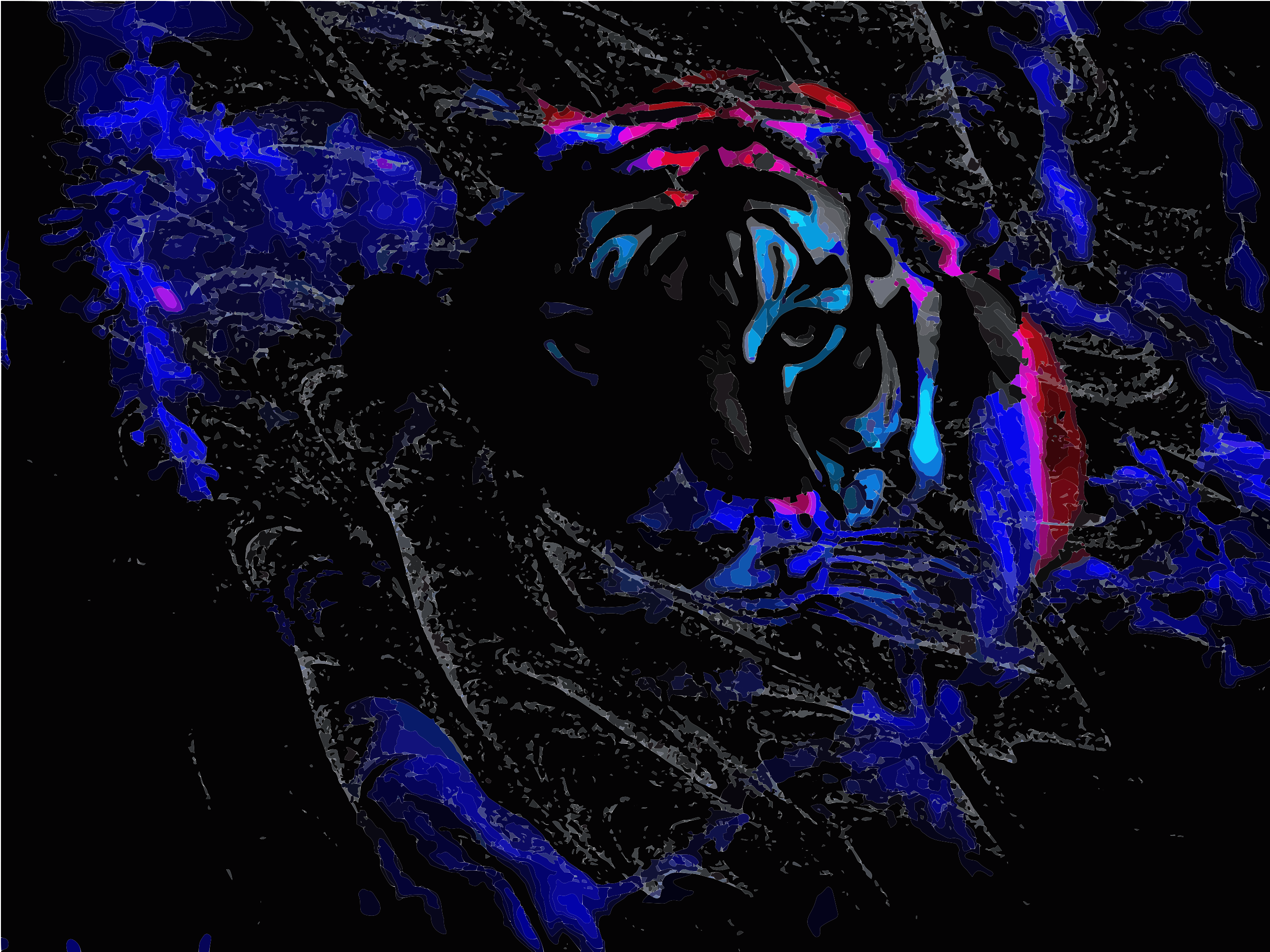 Abstract tiger face with blue and pink highlights