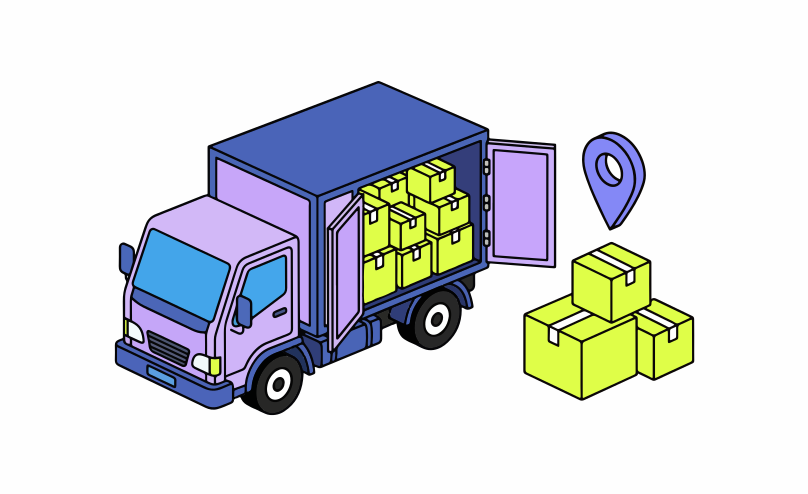 Delivery truck loaded with boxes near a location pin.