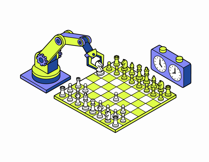 Robotic arm playing chess on a checkered board.