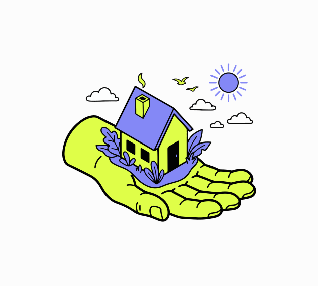 Hand holding a small house with plants and sun