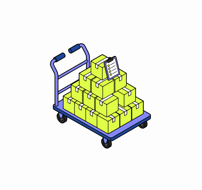 Un carrito apilado con cajas amarillas y una carpeta.