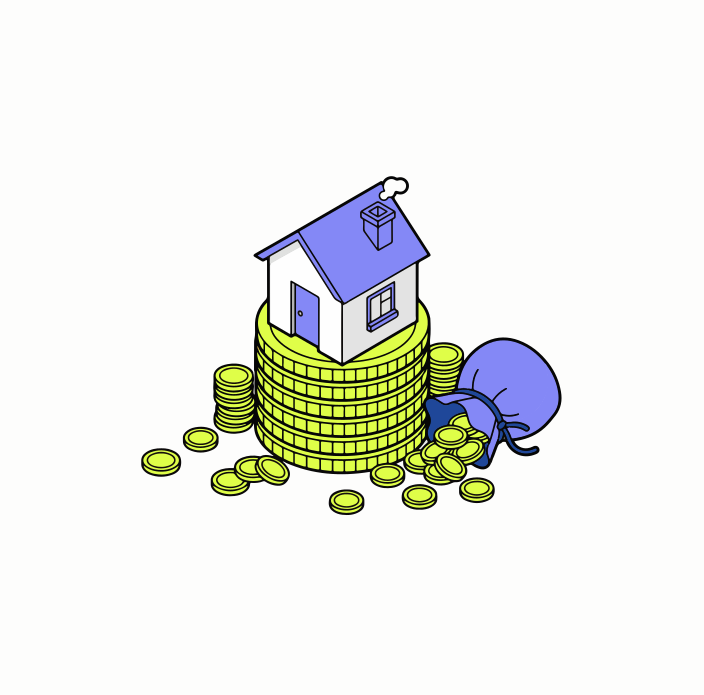 House sits on stack of coins with money bag.