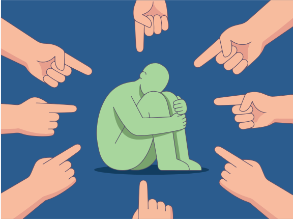 Person surrounded by pointing fingers, feeling isolated and judged.