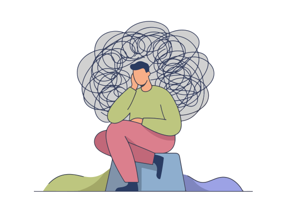 Man with tangled thoughts sitting on a stool