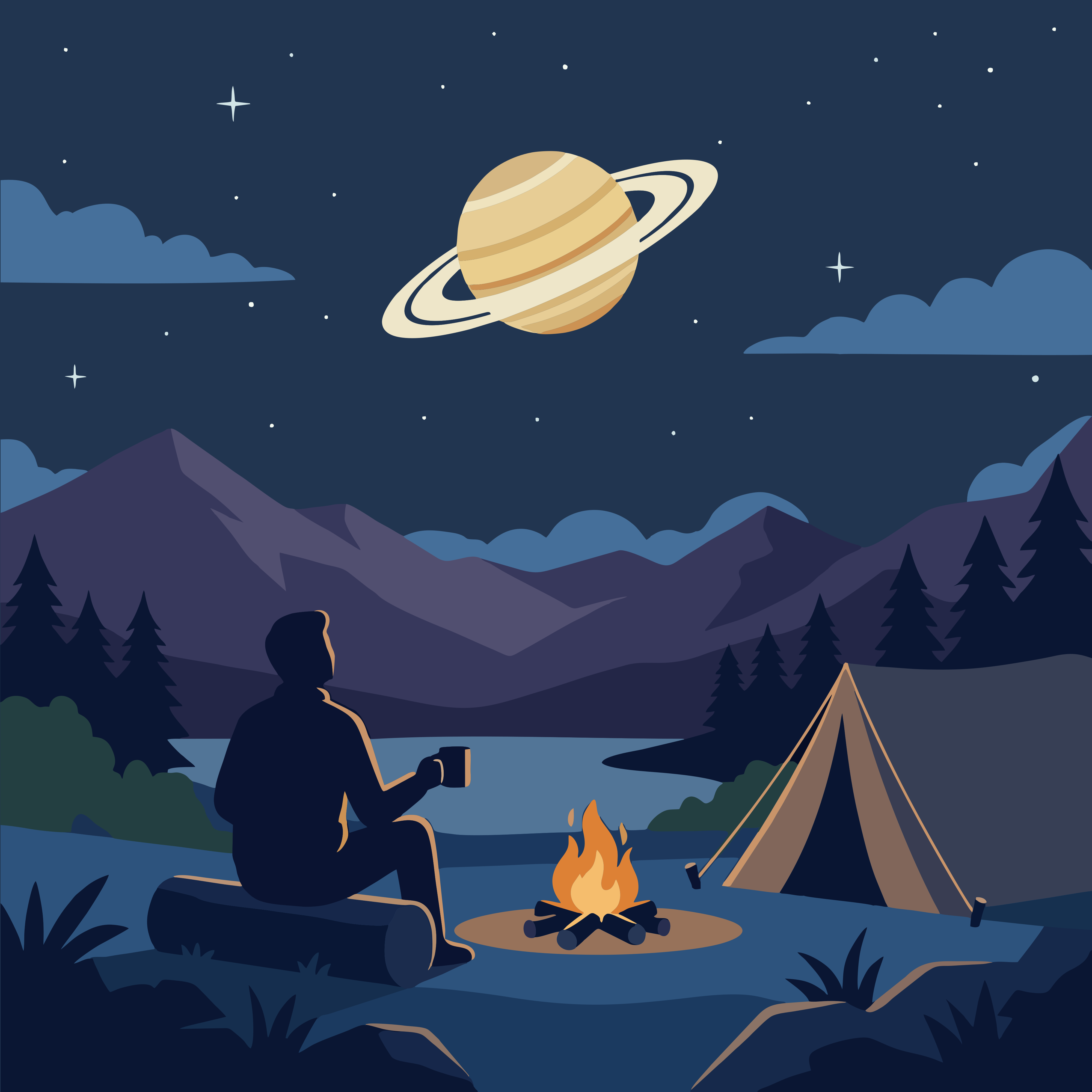 Man camping under saturn at night