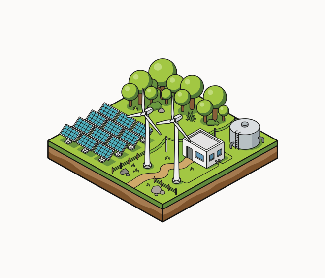 Ferme d’énergie renouvelable avec panneaux solaires et éoliennes