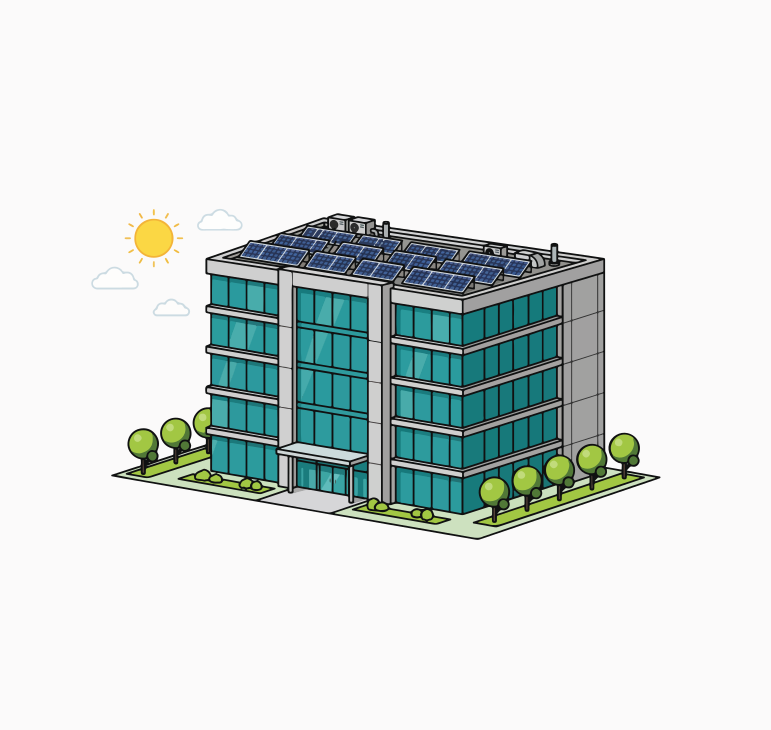 Modern building with solar panels on the roof.