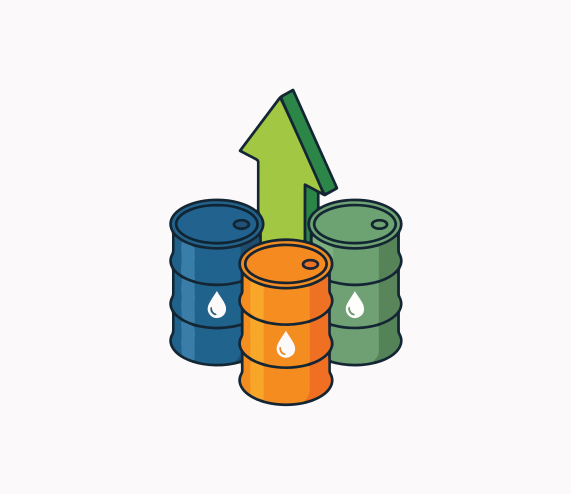 Three oil barrels with a rising green arrow.