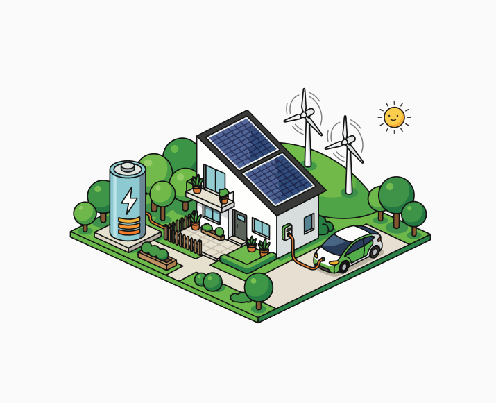 Maison écologique avec panneaux solaires, éoliennes et voiture électrique.