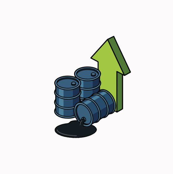 Oil barrels with an upward trending arrow.