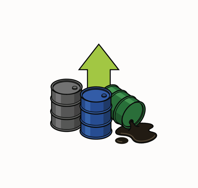 Oil barrels with a green upward arrow