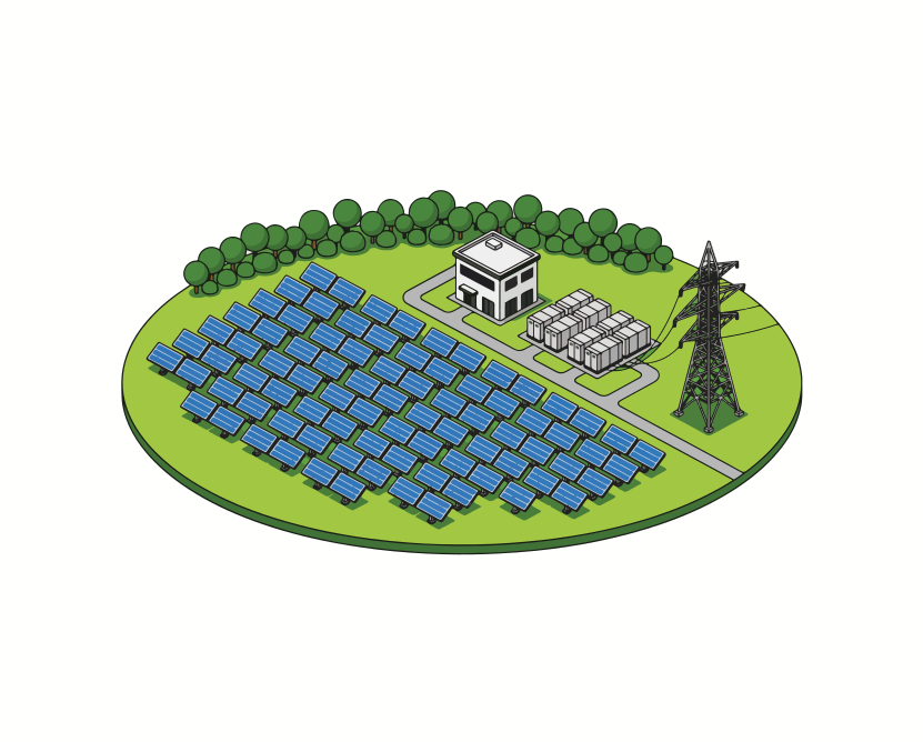 A solar farm with panels, buildings, and power lines
