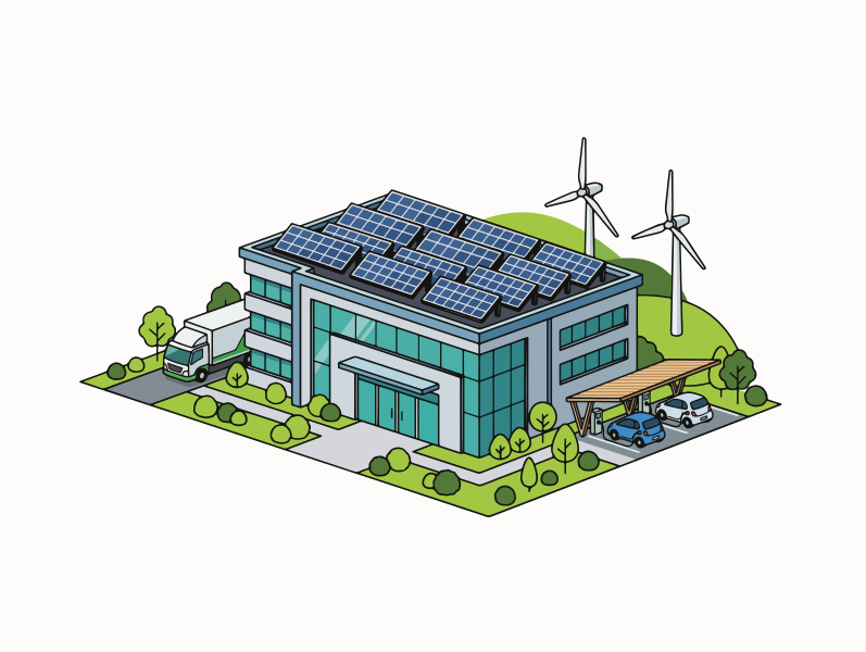 Edificio moderno con pannelli solari e turbine eoliche