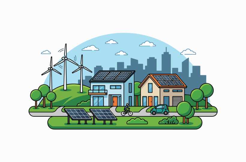 Sustainable eco-friendly houses with solar panels and windmills.