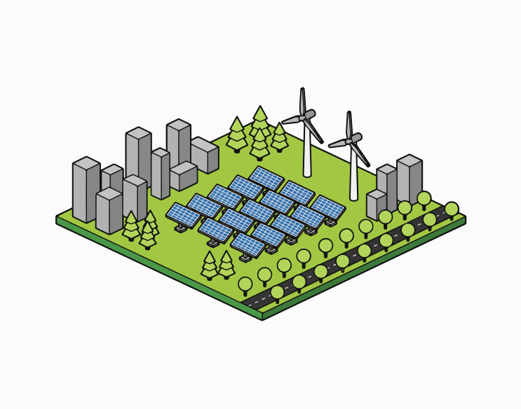 Cityscape with solar panels and wind turbines