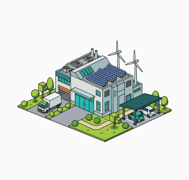 Edificio moderno con pannelli solari e turbine eoliche