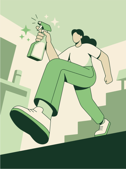 Mujer con pulverizador limpiando escaleras