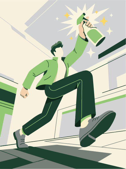 Man in green spraying cleaning attire sprays sparkling cleaner