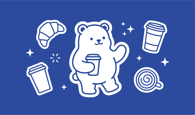 A cartoon bear holding a coffee cup with pastries.
