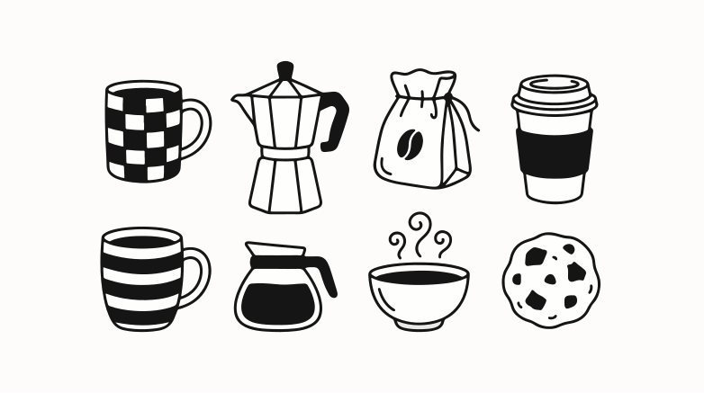 Coffee icons including mugs, pot, and cookie
