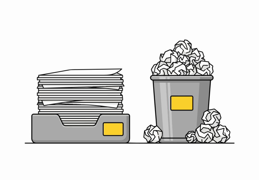 Pilha de papéis ao lado de uma lixeira cheia.