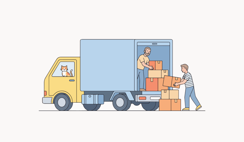 People loading boxes into a delivery truck with a cat.