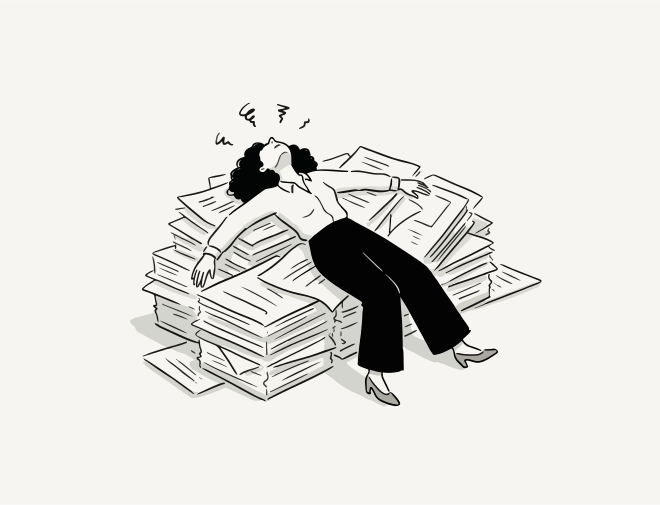 Woman overwhelmed by a large stack of papers.