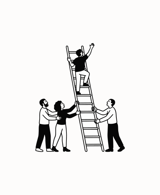 Personas ayudando a una persona a subir una escalera