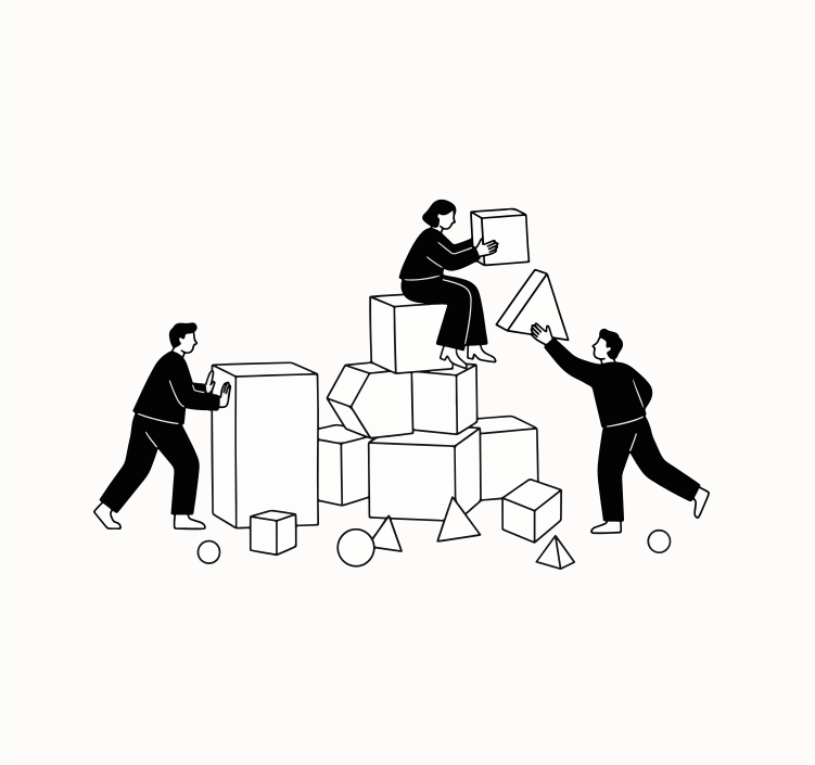 Personas construyendo una estructura con formas geométricas
