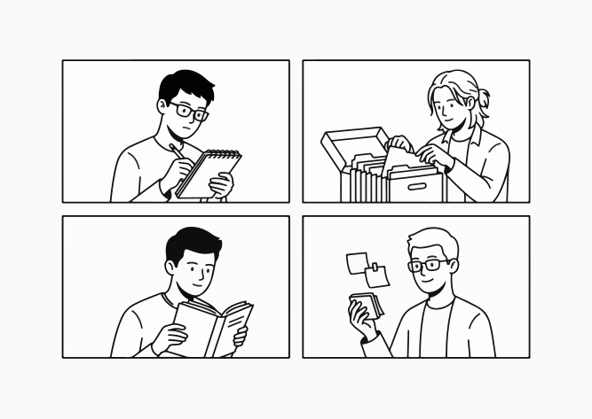 Vier Panels zeigen Menschen beim Arbeiten und Lernen.