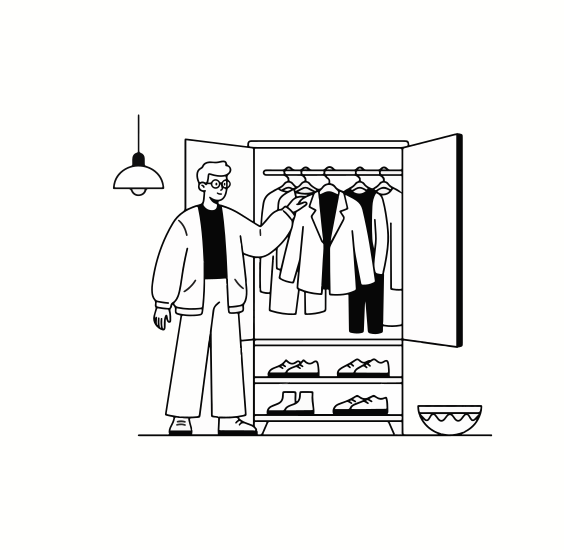 Man choosing clothes from an open wardrobe with shoes.