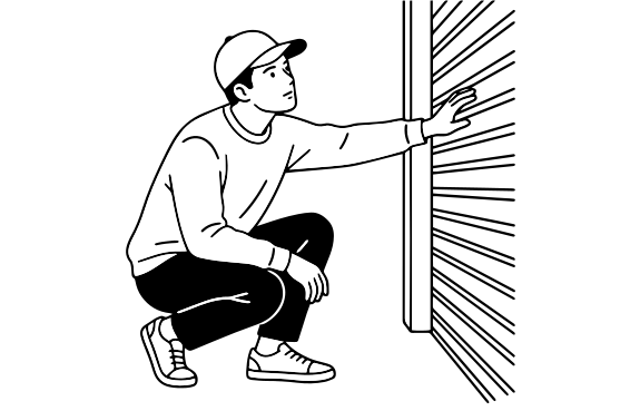 Man in baseball cap crouching by a metal door.