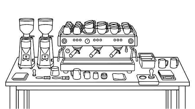 Espresso machine with grinders and cups on table