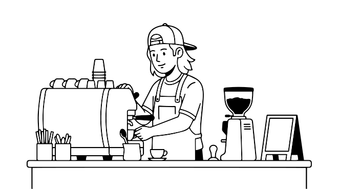 Barista making coffee behind a counter with espresso machine.