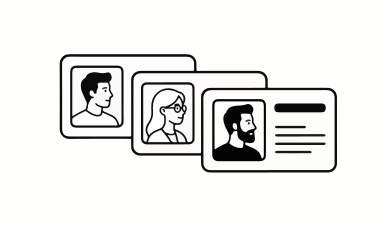 Drei Profilkarten mit unterschiedlichen Porträts von Menschen