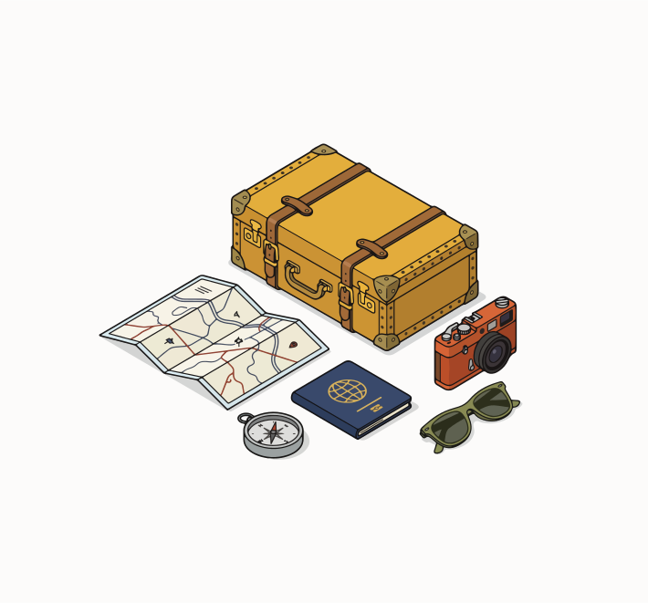 Essentiels de voyage : valise, carte, passeport, appareil photo, boussole, lunettes de soleil