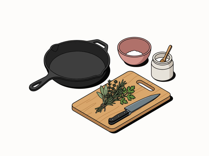 Gusseisenpfanne mit Kräutern, Messer, Salz und Schüssel.